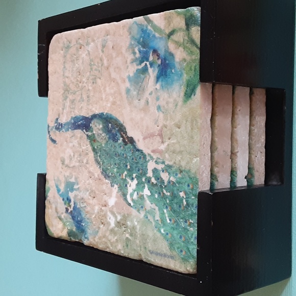 unbranded Other - Peacock Image on 4"x4" natural stone coaster, set, walnut holder, cream blu/gr
